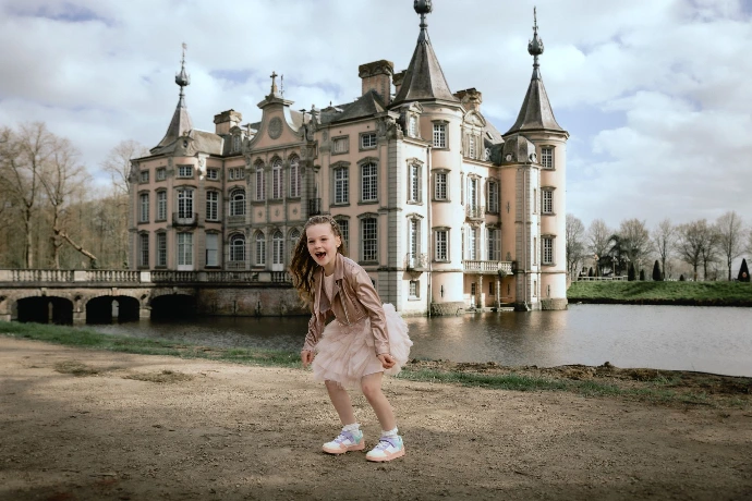 Communicant geniet van speelse fotosessie in buitenomgeving kasteel 